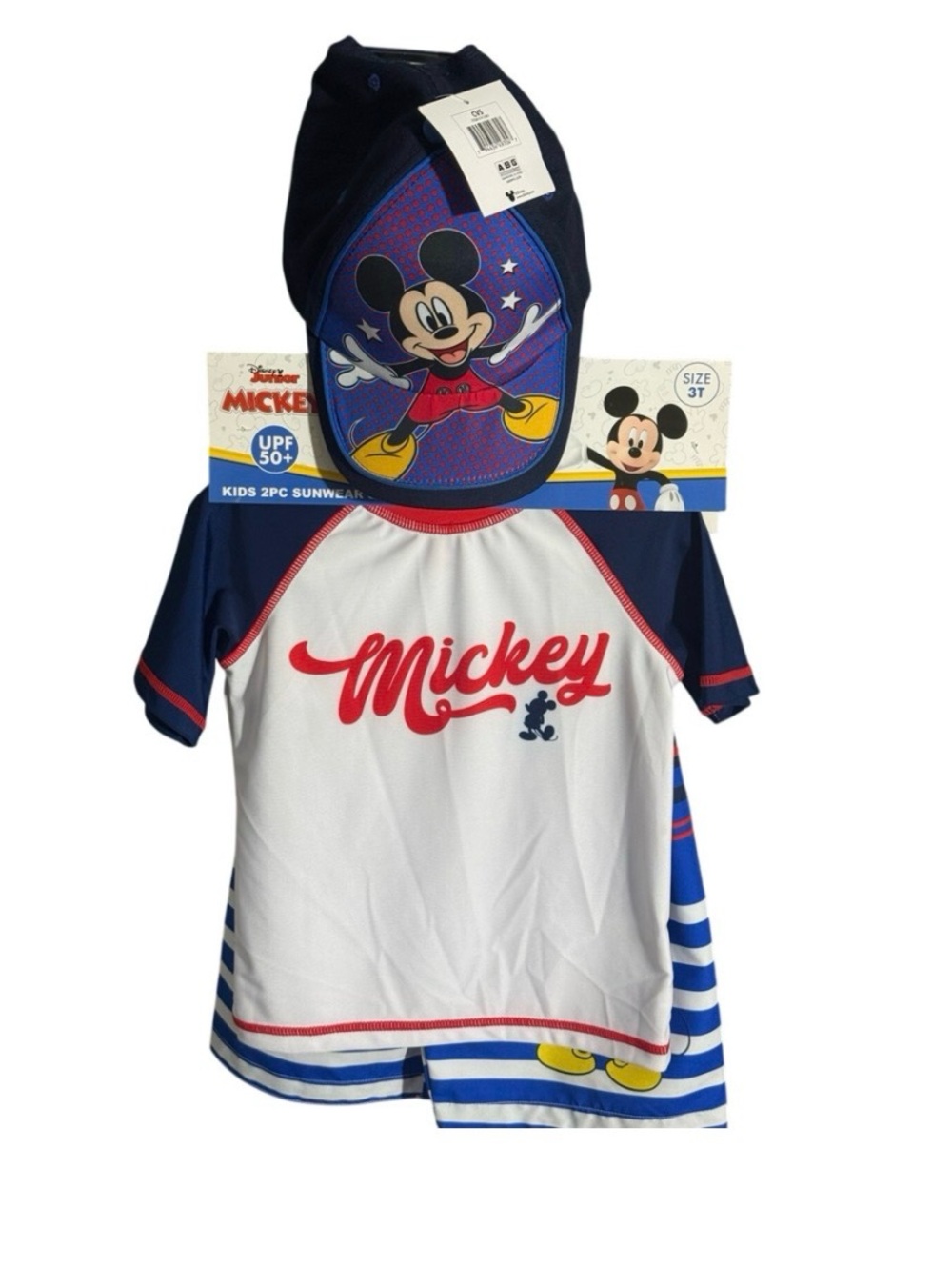 Mickey Kids' White & Navy Rash Guard Swim Set with Hat - UPF 50+